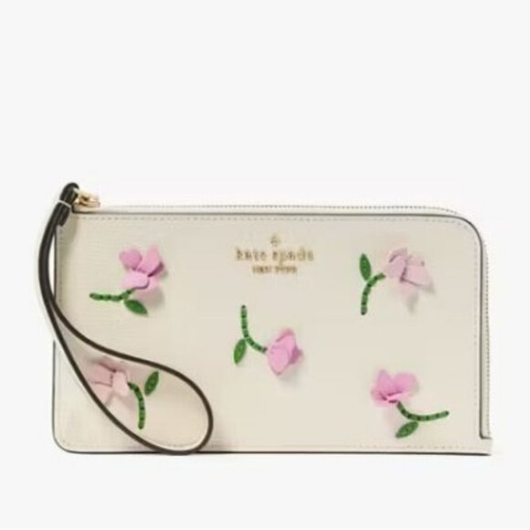NWT Kate Spade Lucy Applique Medium L-Zip Wristlet - Meringue Flower Spring